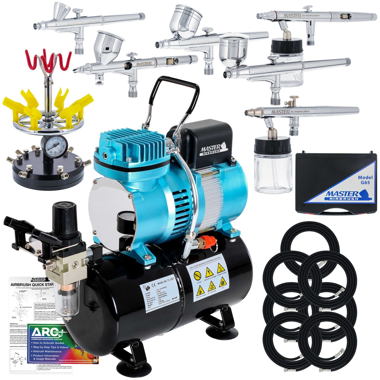 6 Master Model G22, G34 & G44 Gravity Feed, S62 & S68 Siphon Feed, S68 Side Feed Airbrushes with Air Compressor with Air Storage Tank